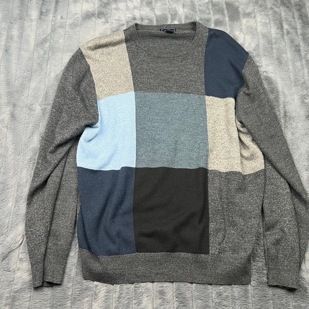 Dockers Mens XL Colorblock Patchwork Crewneck Sweater Grey Blue Black Knit